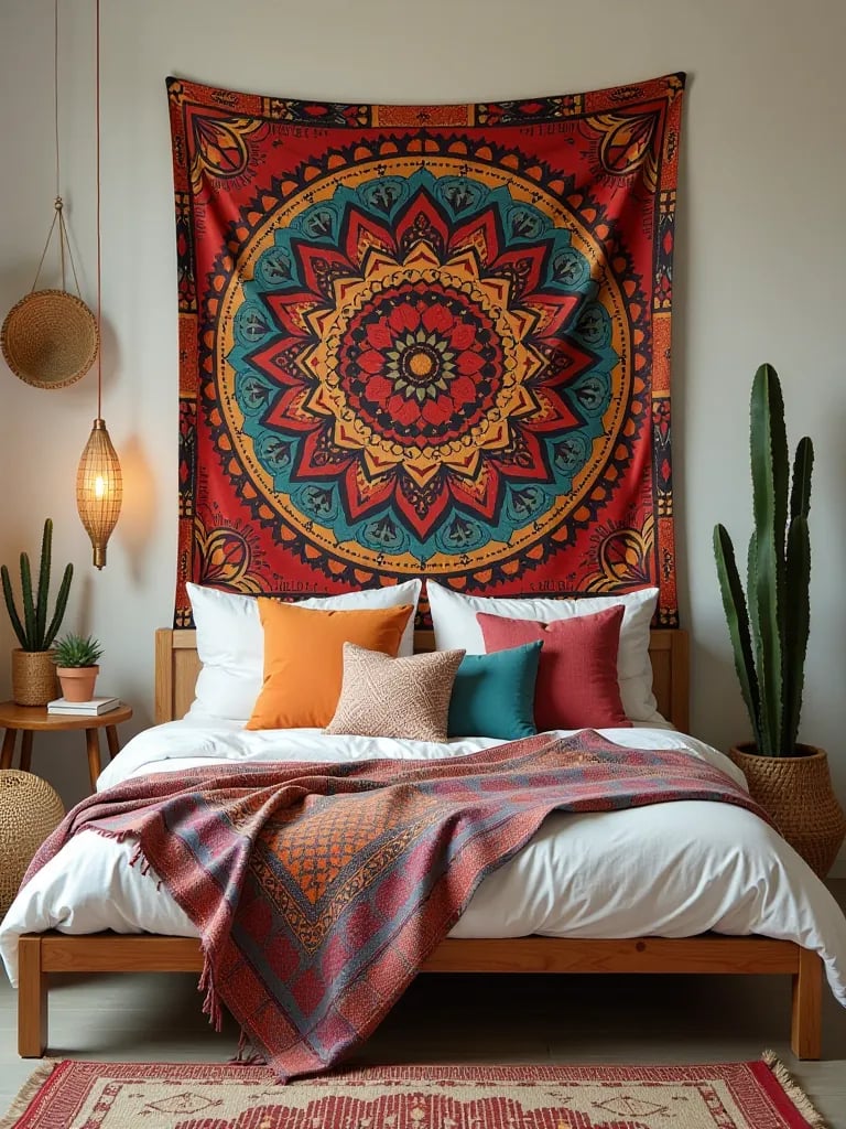Bohemian bedroom with colorful bed, succulents, and mandala tapestry