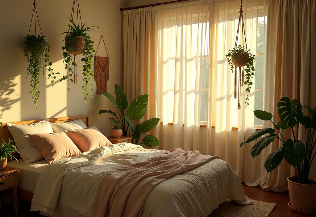 Bohemian bedroom with hanging plants in macrame planters and golden light