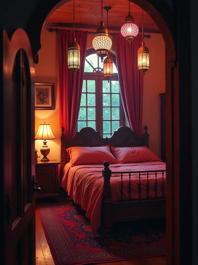 Bohemian bedroom with multiple hanging Moroccan lanterns at varying heights