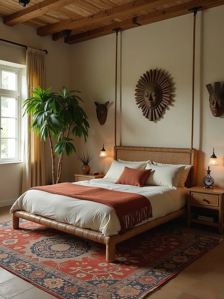 Bohemian bedroom with suspended rattan bed, layered rugs, and tribal decor