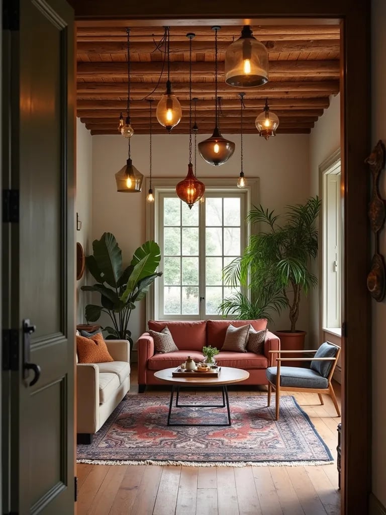 Bohemian living room featuring an array of hanging lights