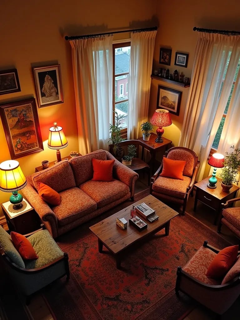 Bohemian living room with colorful, mismatched table lamps viewed from above