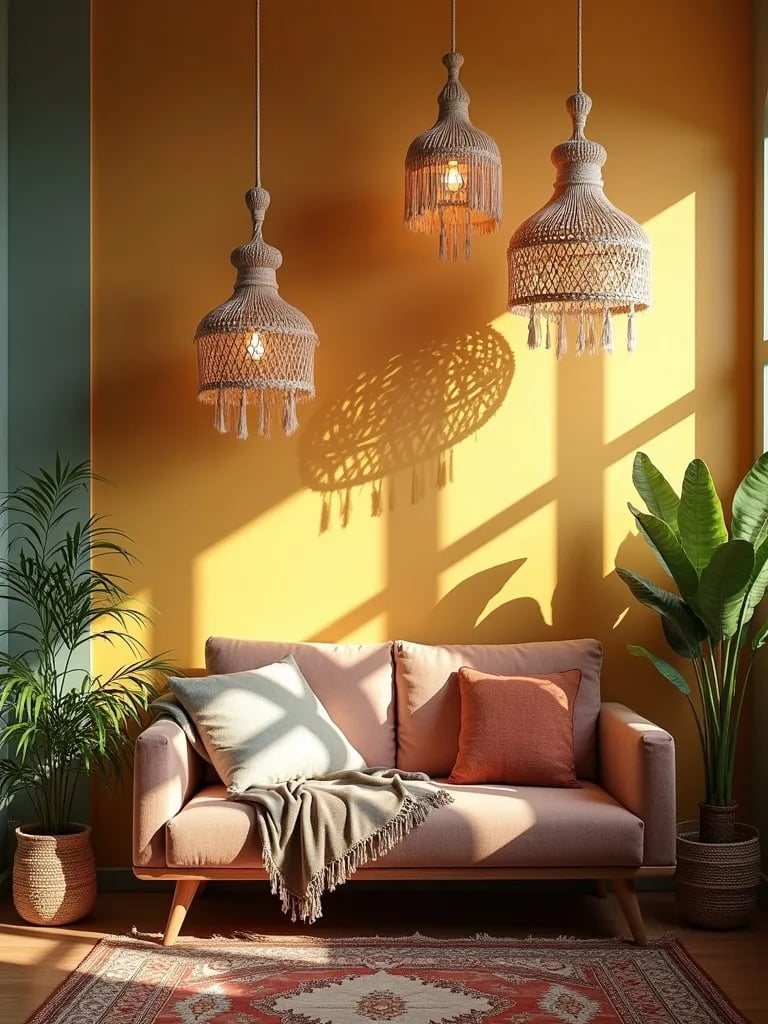 Bohemian living room with macramé organic cotton lamp shades