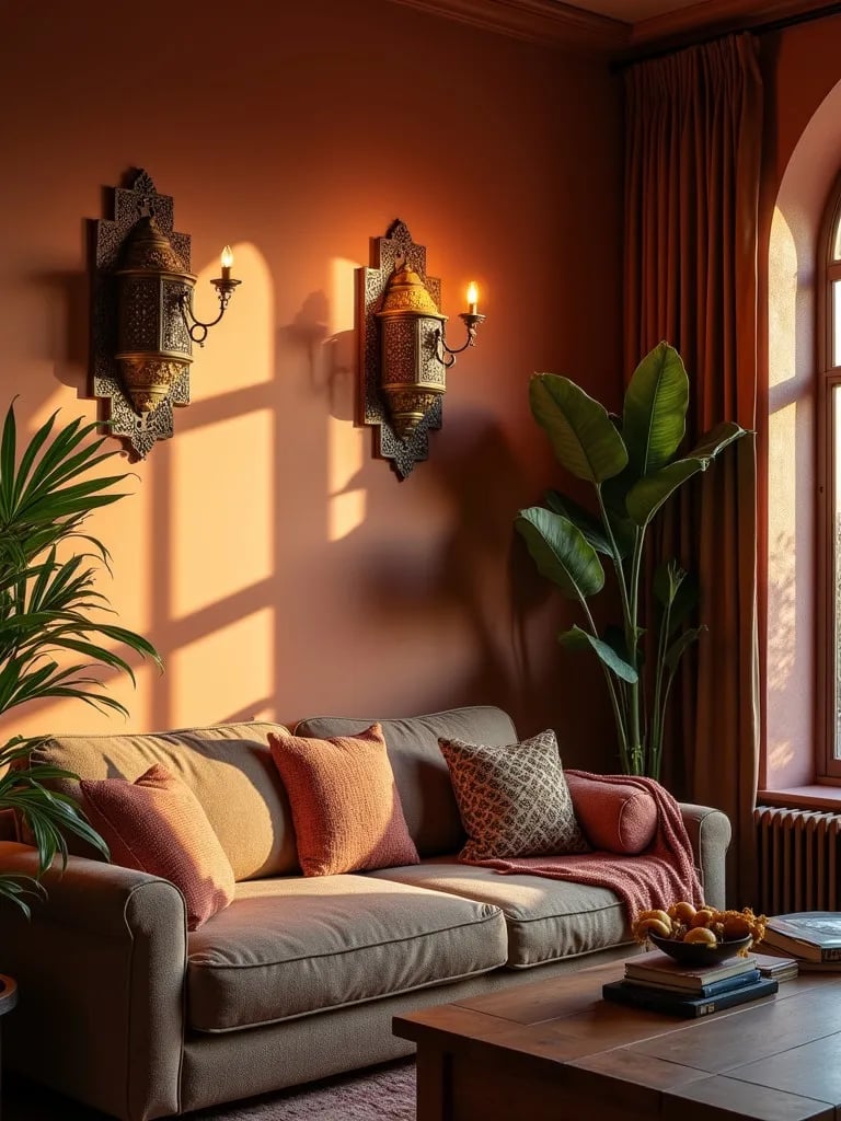 Bohemian living room with ornate Moroccan wall sconces casting intricate shadows