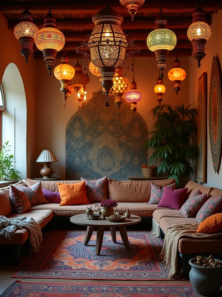 Bohemian living space featuring an array of hanging Moroccan style lanterns