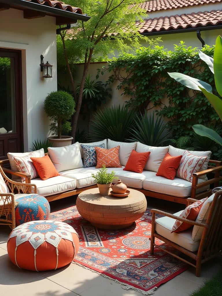 Bohemian patio with colorful poufs, hanging chairs, and patterned rugs from above