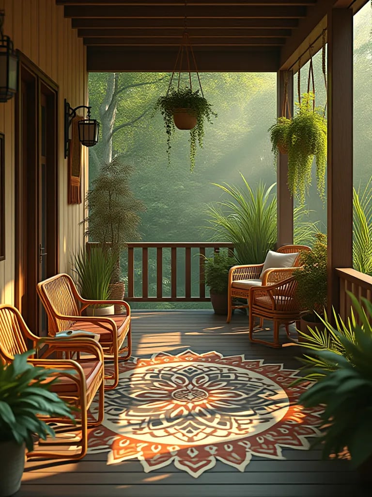 Bohemian porch with painted mandala floor pattern and rattan furniture