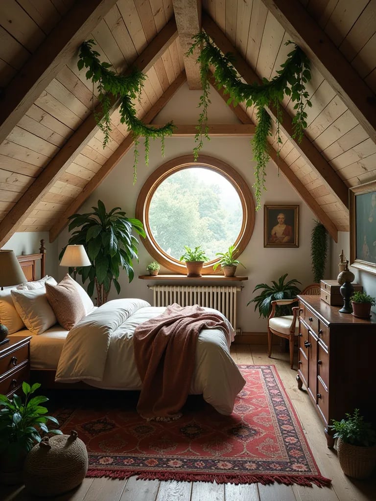 Boho attic bedroom with hanging ferns and circular window