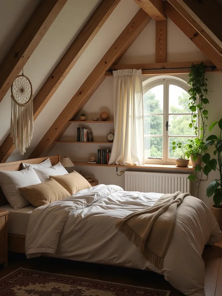 Boho attic bedroom with wooden beams, plants, and circular window