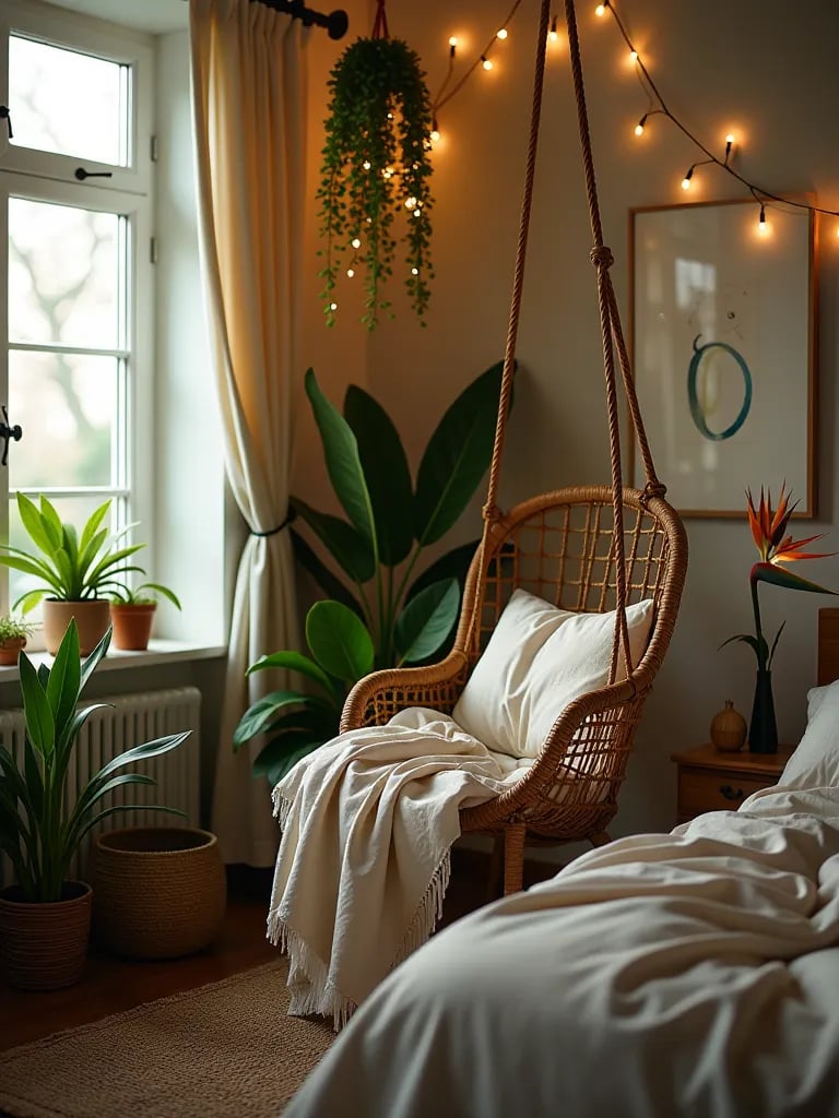 Boho bedroom corner with hanging chair and cascading plants
