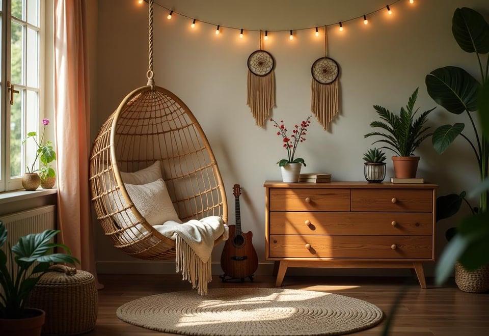 Boho bedroom corner with hanging chair, dreamcatchers, and plants