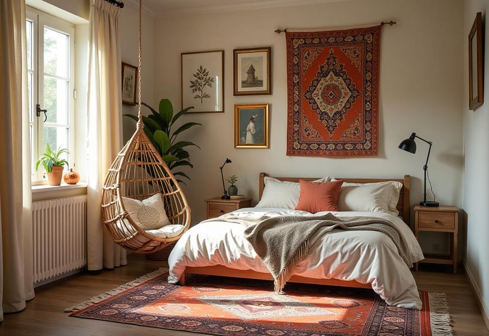 Boho bedroom corner with hanging chair, rugs, and gallery wall
