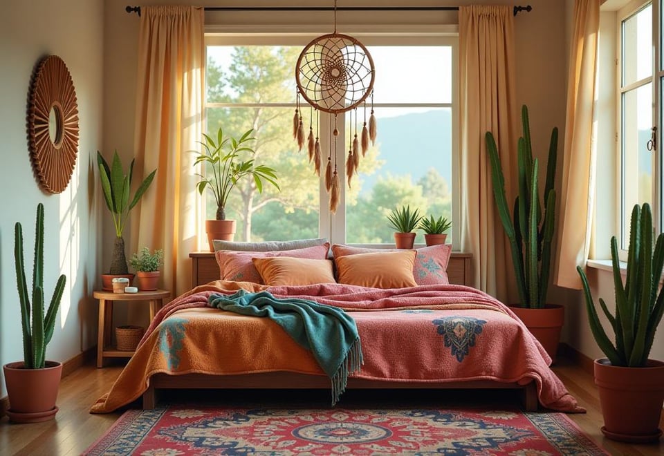 Boho bedroom corner with peacock chair, rugs, and vintage mirrors