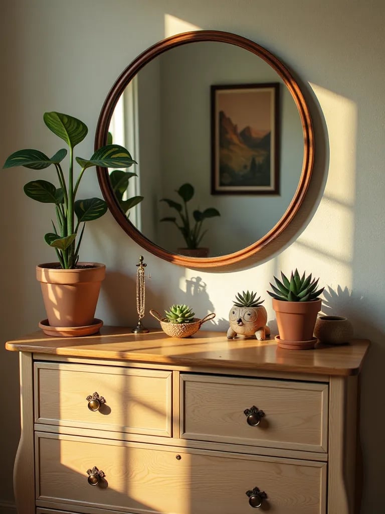 Boho bedroom dresser with round mirror, succulents, and jewelry displays