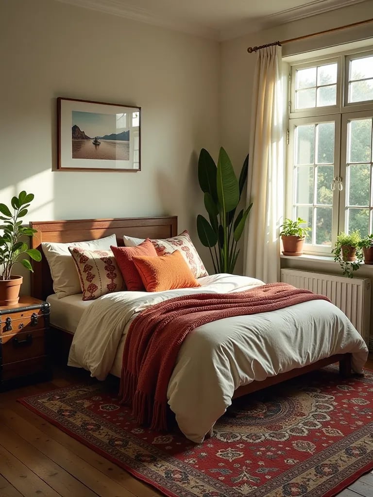 Boho bedroom featuring platform bed, vintage trunks, and lush plants
