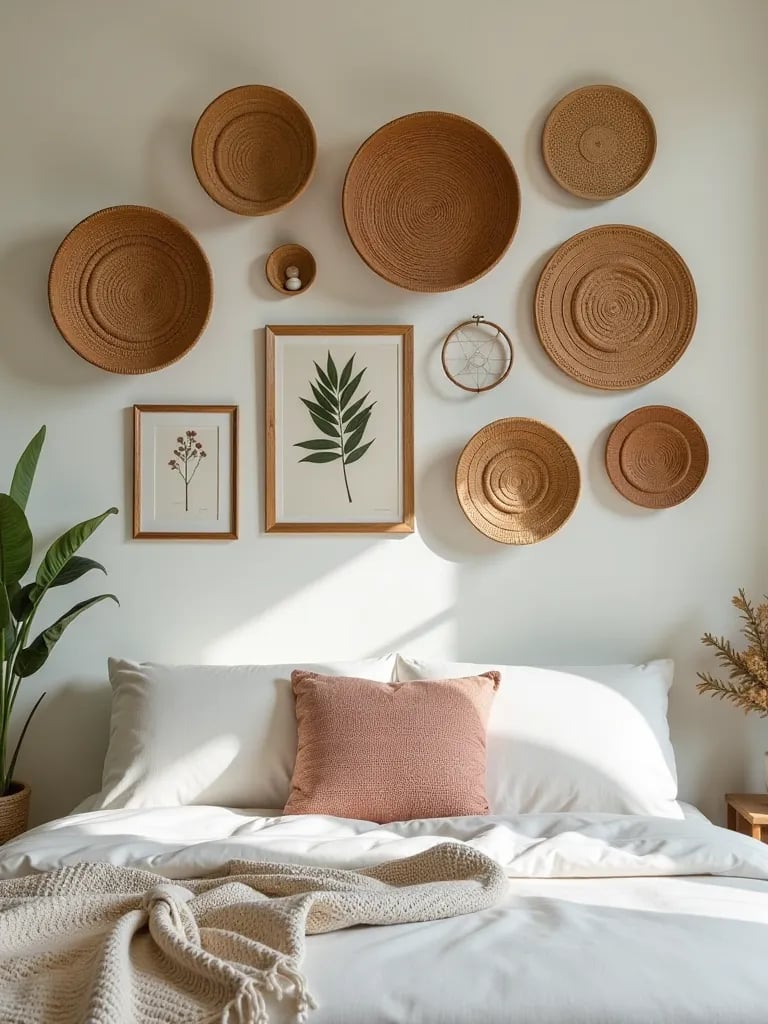 Boho bedroom wall collage with baskets, mirrors, and botanical prints