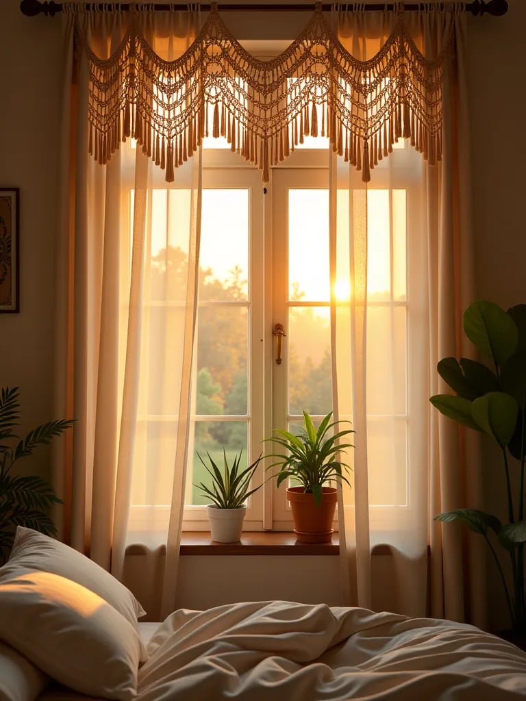Boho bedroom window with layered curtains, macramé, and plants at sunset