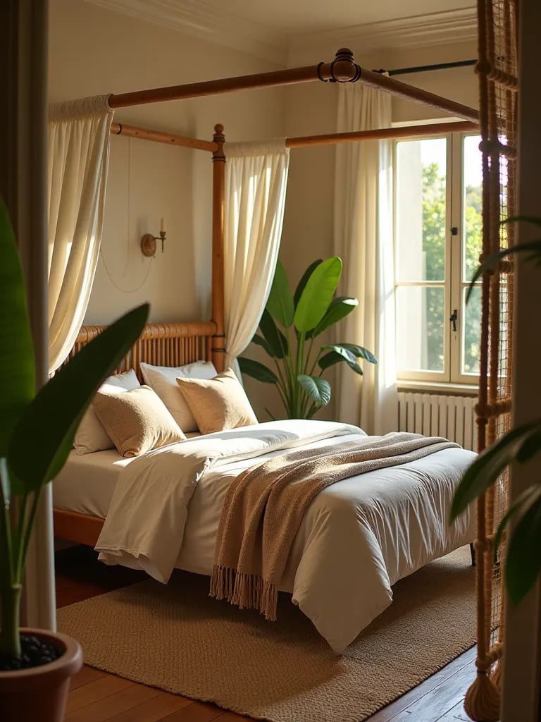 Boho bedroom with bamboo bed and tropical plants