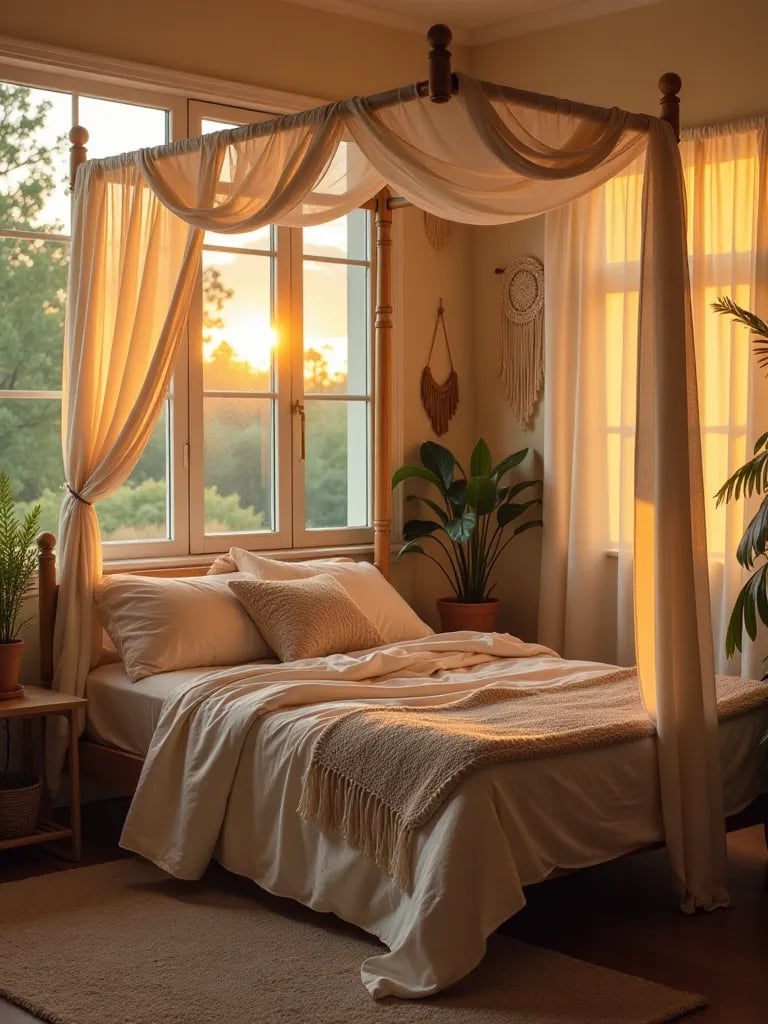 Boho bedroom with canopy bed, plants, and macrame in golden sunset light