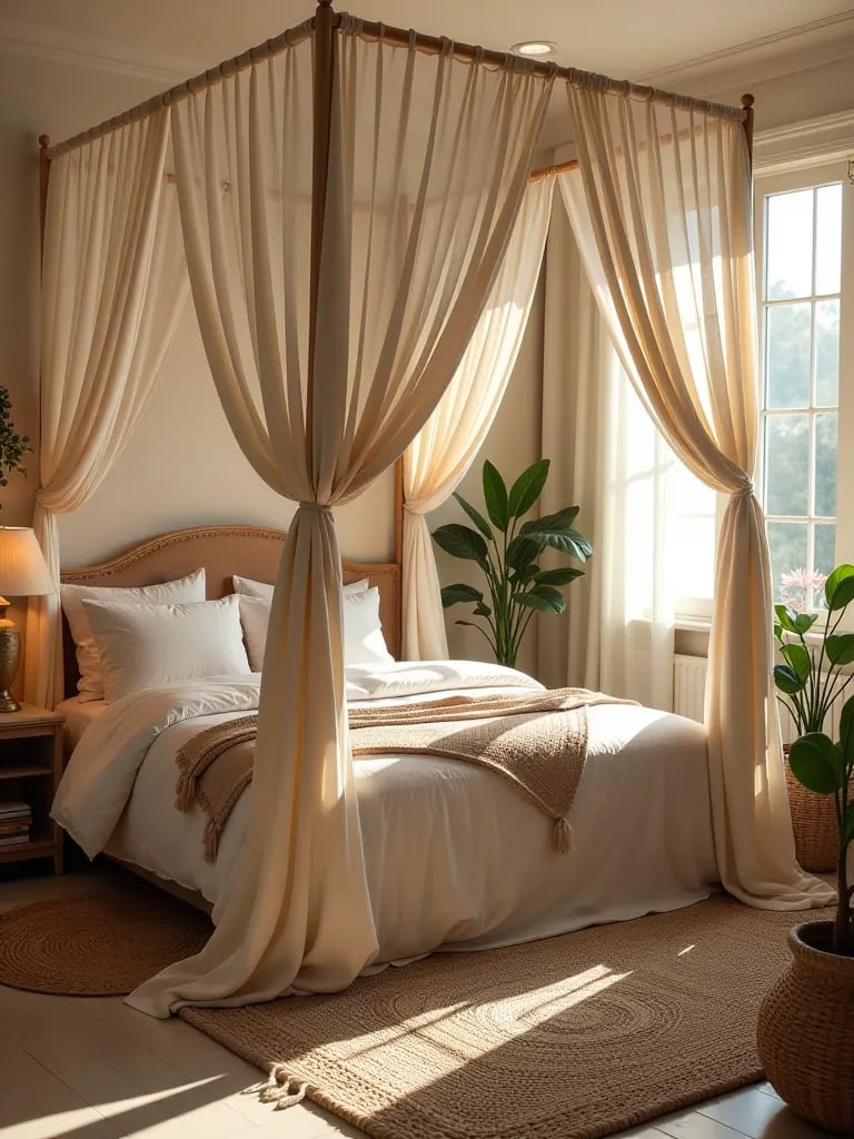 Boho bedroom with canopy bed, plants, rattan furniture, and Moroccan rug