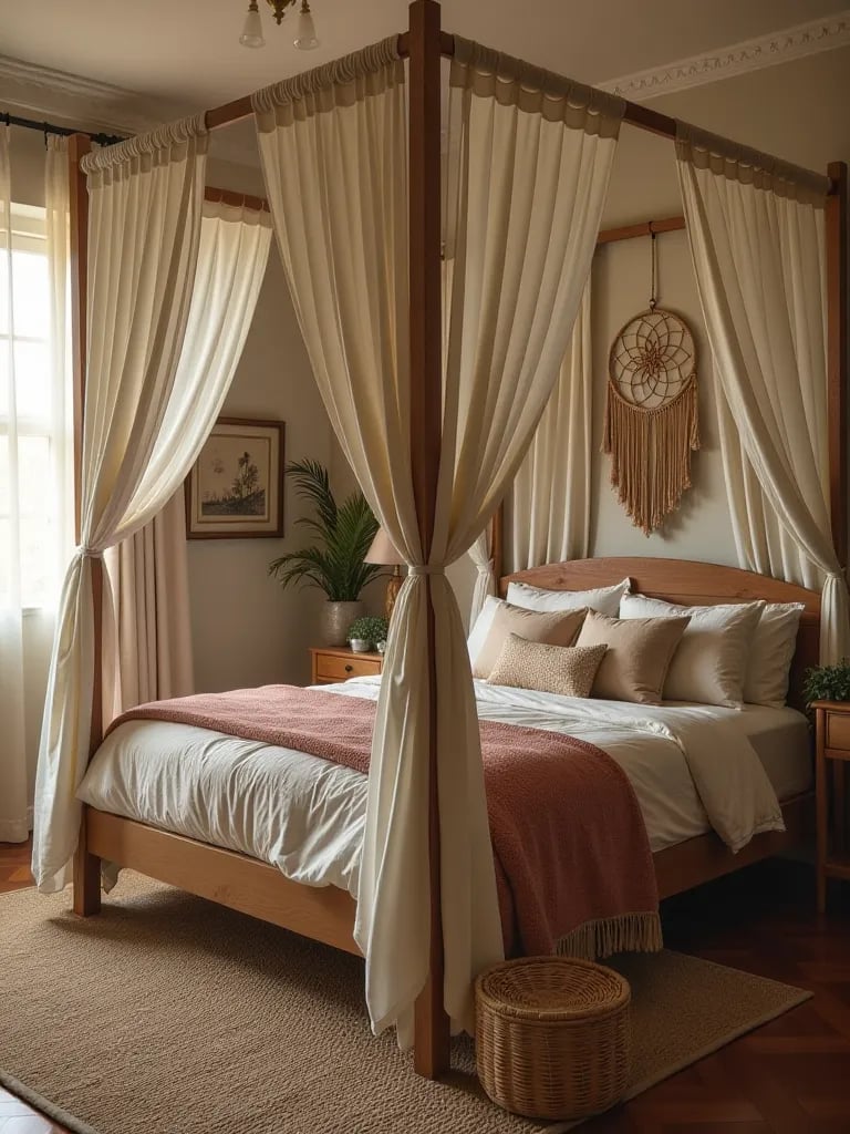 Boho bedroom with curtained four poster bed, woven baskets, and large dreamcatcher