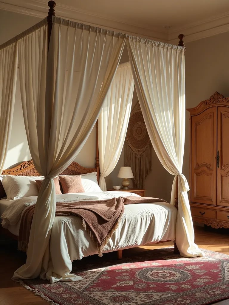 Boho bedroom with draped canopy bed, wall hangings, and wooden wardrobe