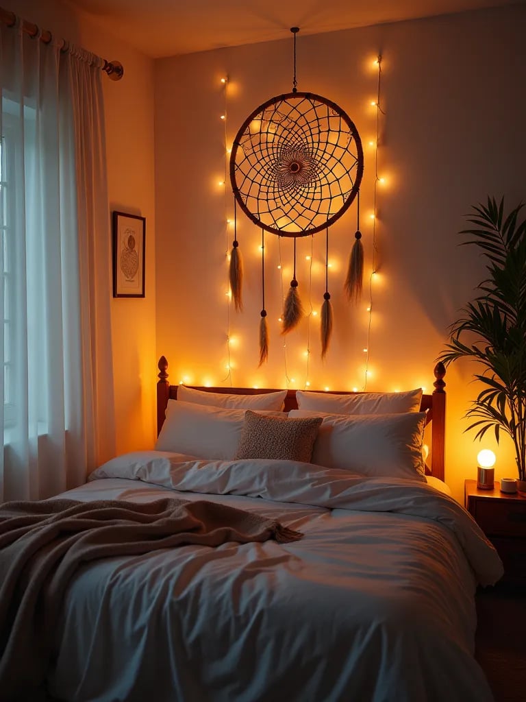 Boho bedroom with large illuminated dream catcher above bed