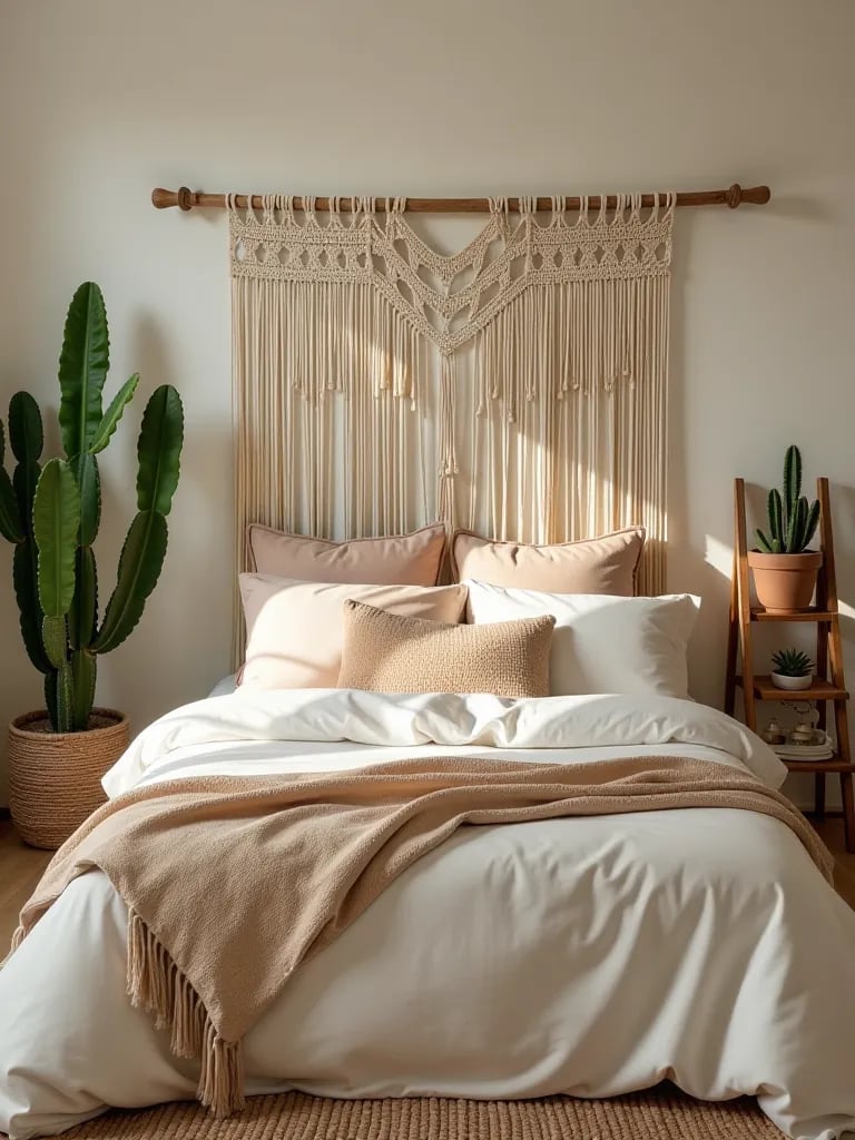 Boho bedroom with macrame headboard and cactus arrangement