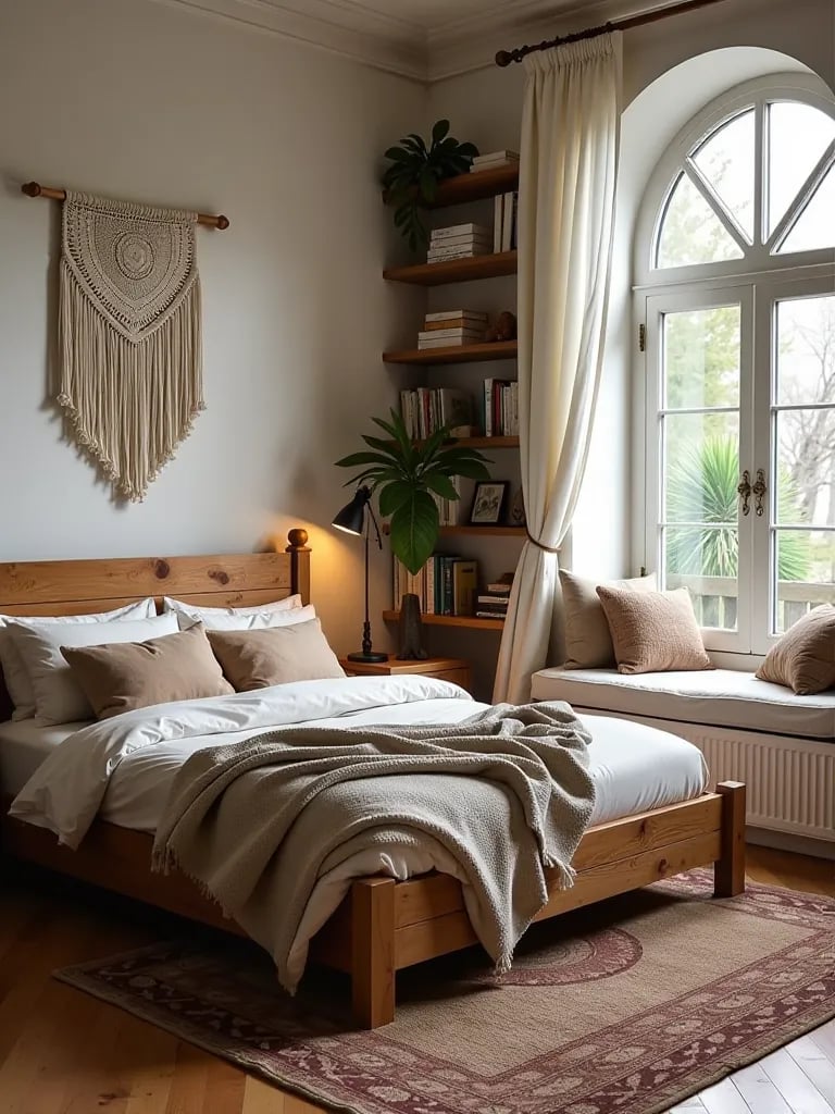 Boho bedroom with wood bed, macramé art, bookshelves, and window reading nook