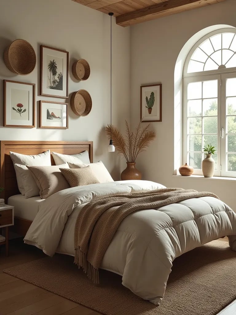 Boho bedroom with wooden headboard and eclectic gallery wall