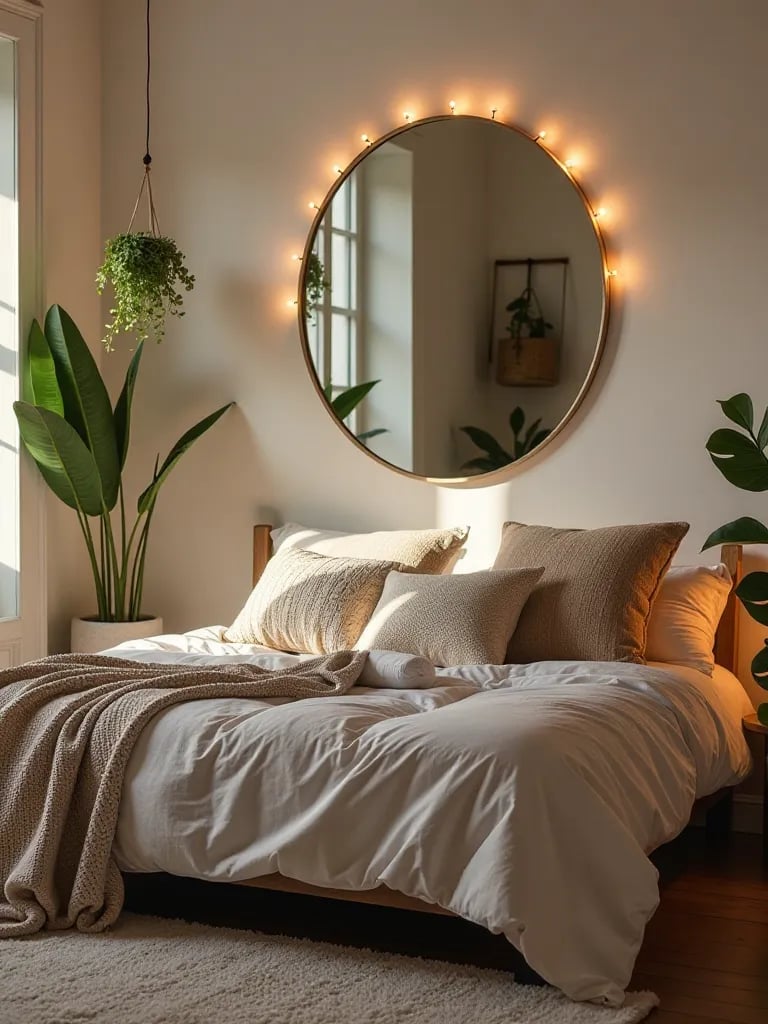 Boho chic bedroom with circular mirror, hanging plants, and textured pillows
