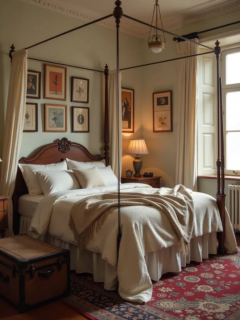 Boho chic bedroom with four poster bed and eclectic gallery wall