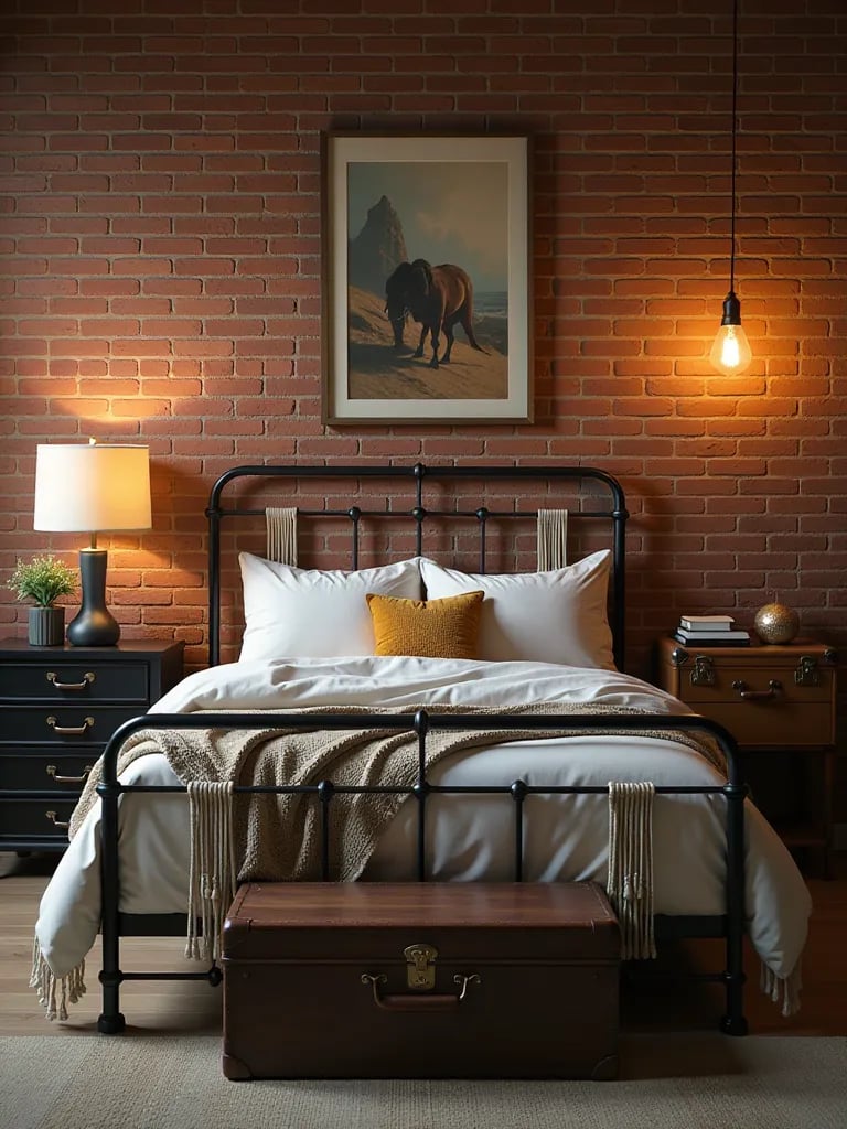 Boho industrial bedroom with metal bed, macramé, brick walls, and Edison lights