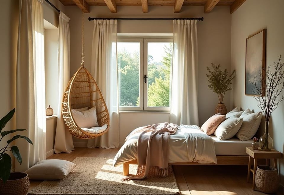 Boho loft bed with cozy reading area and hanging chair below