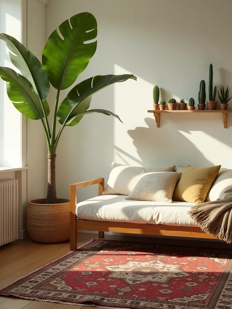 Boho room with large fig tree and small cacti on shelves