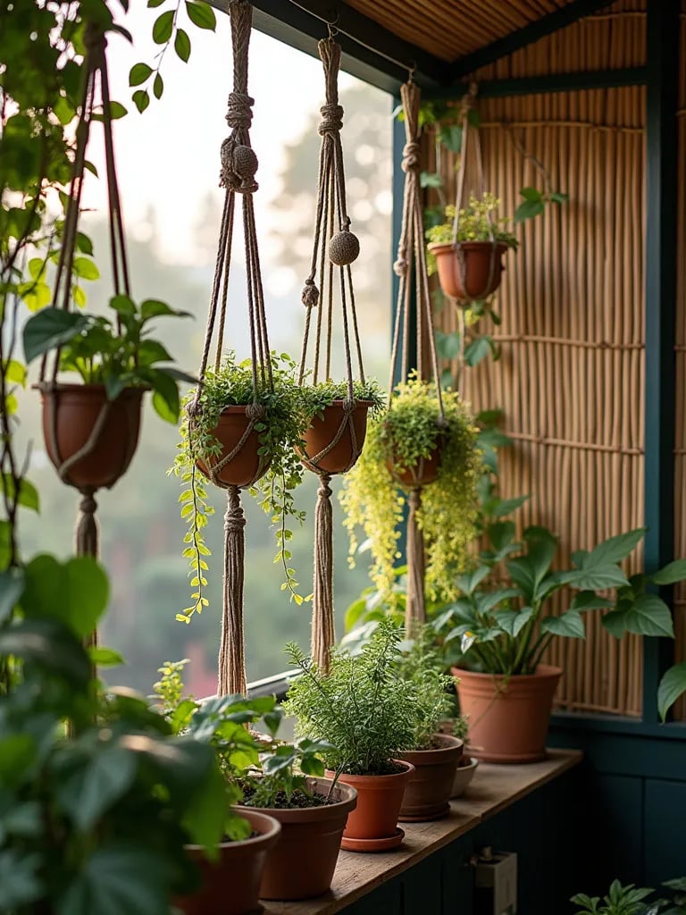 Boho style balcony featuring macrame hangers with trailing plants