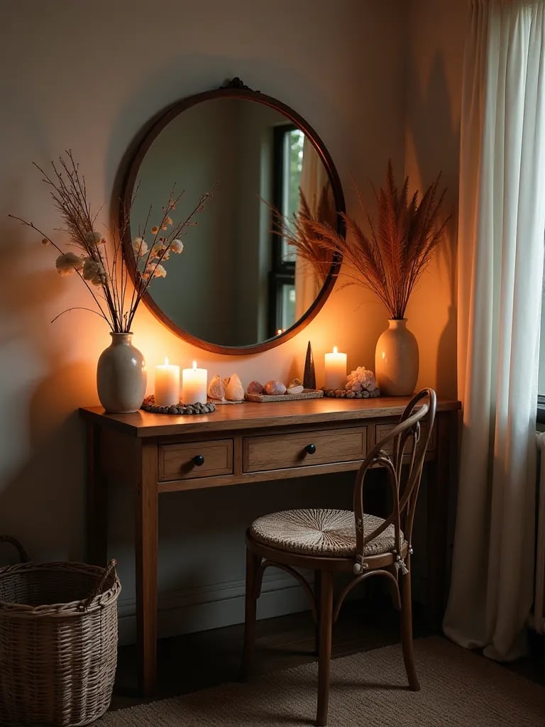 Boho vanity with round mirror, baskets, and vintage dresser in candlelight