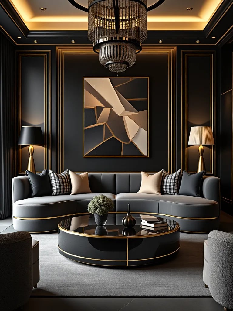 Bold Art Deco living room with black and gold accents viewed from low angle