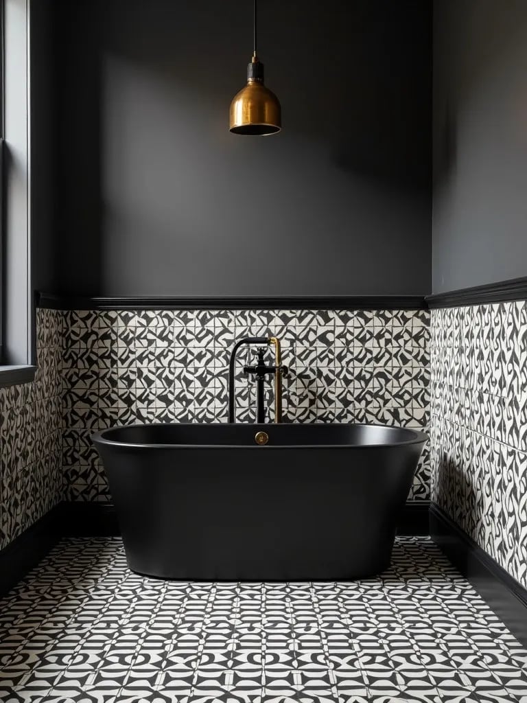 Bold bathroom featuring black and white patterned tiles and gold fixtures