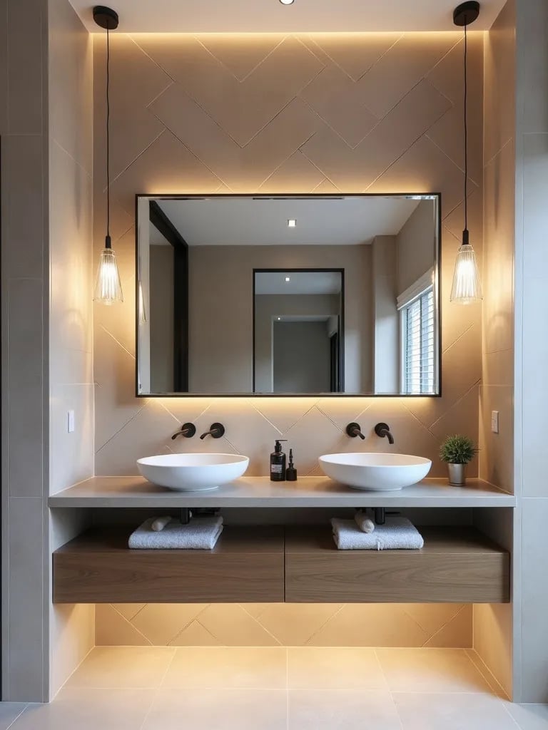 Bold modern bathroom with double vanity, vessel sinks, and patterned accent wall
