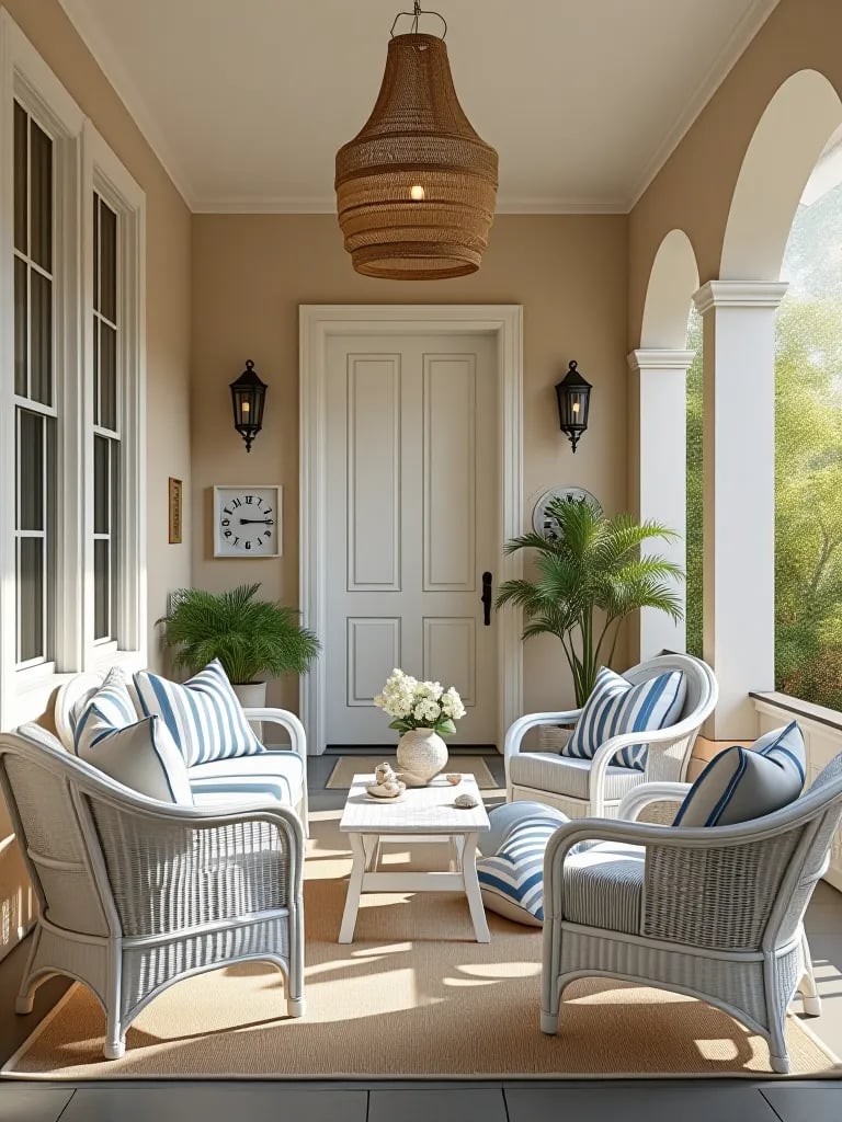Breezy beige porch with white wicker furniture and blue accents