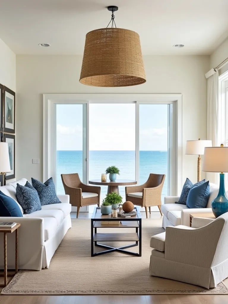Breezy living area featuring coastal themed lighting fixtures and open layout