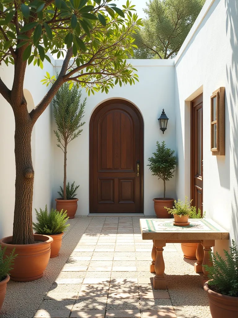 Bright Mediterranean style patio with gravel, white walls, and olive trees