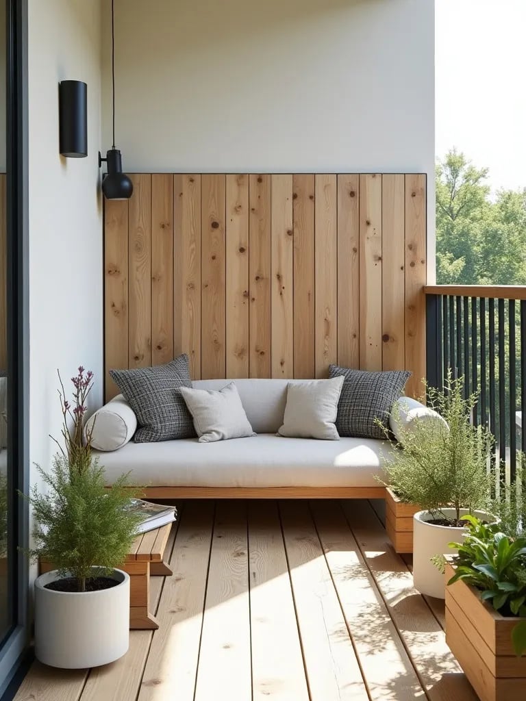 Bright Scandinavian balcony with wooden screen and reading nook