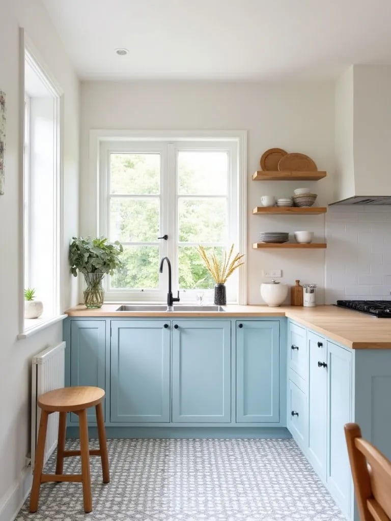 Bright Scandinavian inspired kitchen with pale blue and white cabinets
