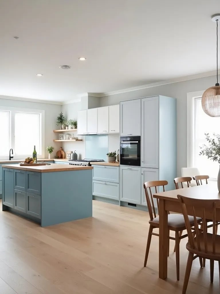 Bright Scandinavian kitchen featuring light blue cabinets and wood island