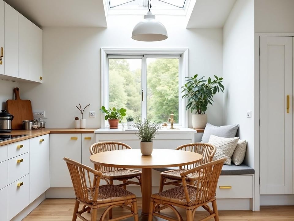 Bright Scandinavian kitchen featuring natural materials and skylight