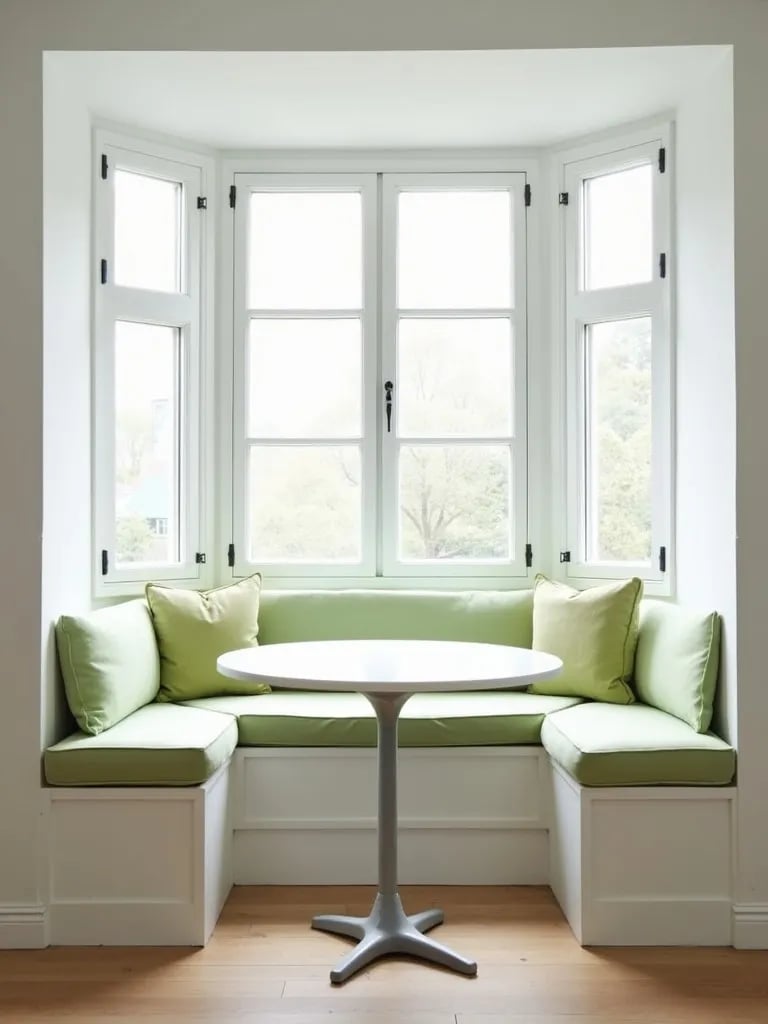 Bright Scandinavian kitchen nook with built in seating and green accents