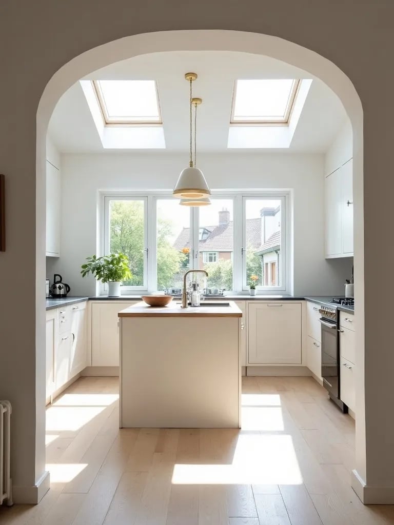 Bright Scandinavian kitchen with brass and white linear suspension light over central island