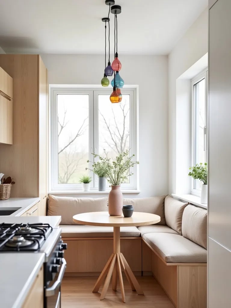 Bright Scandinavian kitchen with cluster of colorful glass pendant lights